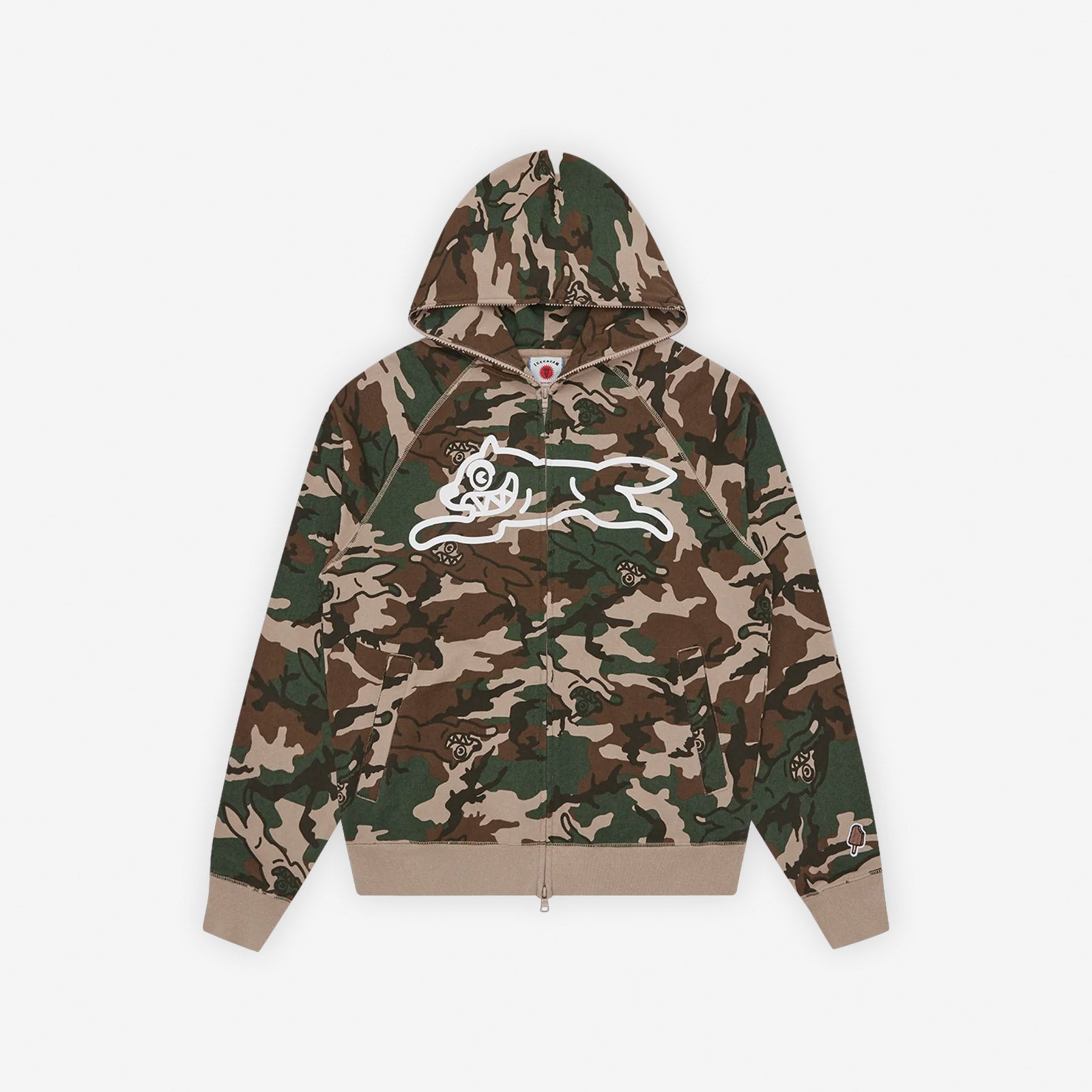 ICECREAM RUNNING DOG WOODLAND CAMO ZIP THROUGH HOOD